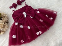 White Flowers Ruby Red  Partywear Dress - 0-3 Months