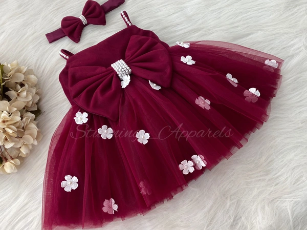 White Flowers Ruby Red  Partywear Dress - 3-6 Month