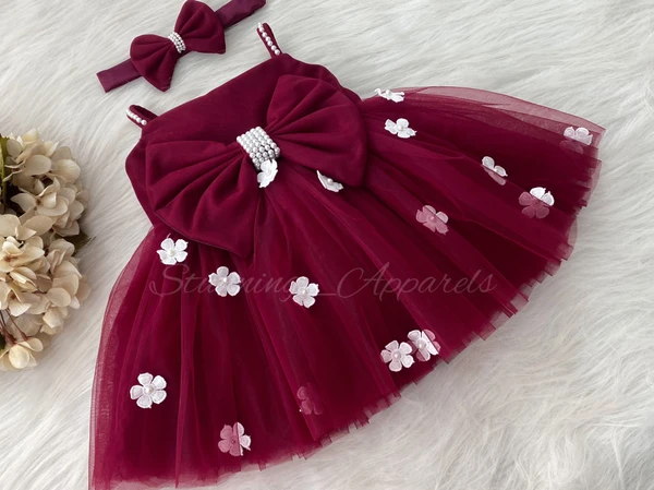 White Flowers Ruby Red  Partywear Dress - 2-3 Year