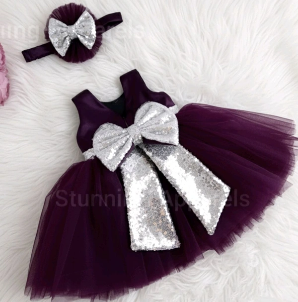 Silver Sequins Bow Partywear Wine Dress - 0-3 Months