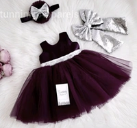 Silver Sequins Bow Partywear Wine Dress - 0-3 Months