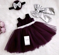 Silver Sequins Bow Partywear Wine Dress - 4-5 Years