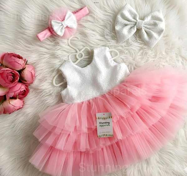 Milky Sequins Bow Layered  Peach Dress - 0-3 Months