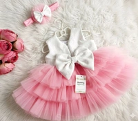 Milky Sequins Bow Layered  Peach Dress - 0-3 Months
