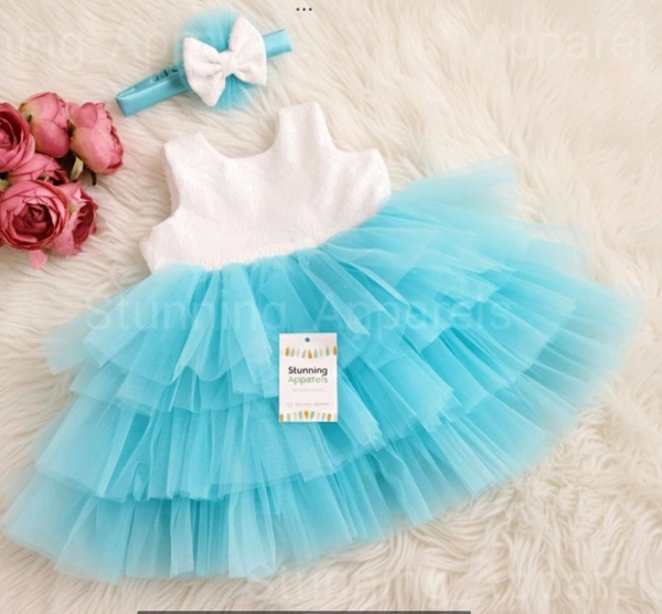 Milky Sequins Bow Layered Sky Blue Dress - 0-3 Months