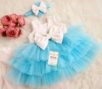 Milky Sequins Bow Layered Sky Blue Dress - 0-3 Months