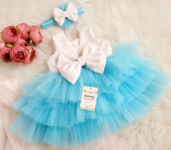 Milky Sequins Bow Layered Sky Blue Dress - 0-3 Months