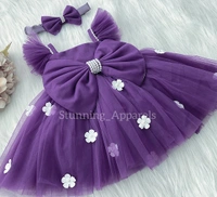 Ruffled Sleeves Strapped  White Flower Lavender Dress  - 0-3 Months