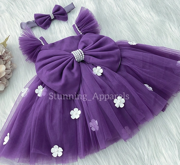Ruffled Sleeves Strapped  White Flower Lavender Dress  - 0-3 Months