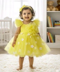 Ruffled Sleeves Strapped  Partywear Yellow Dress  - 0-3 Months