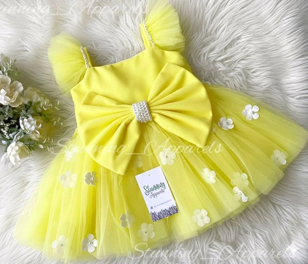 Ruffled Sleeves Strapped  Partywear Yellow Dress  - 1-2 Years