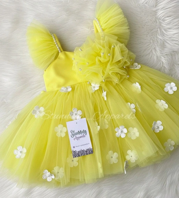 Ruffled Sleeves Strapped  Partywear Yellow Dress  - 3-4 Years