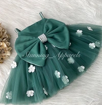 White Flower Strapped  Teal Green Partywear  Dress  - 0-3 Months