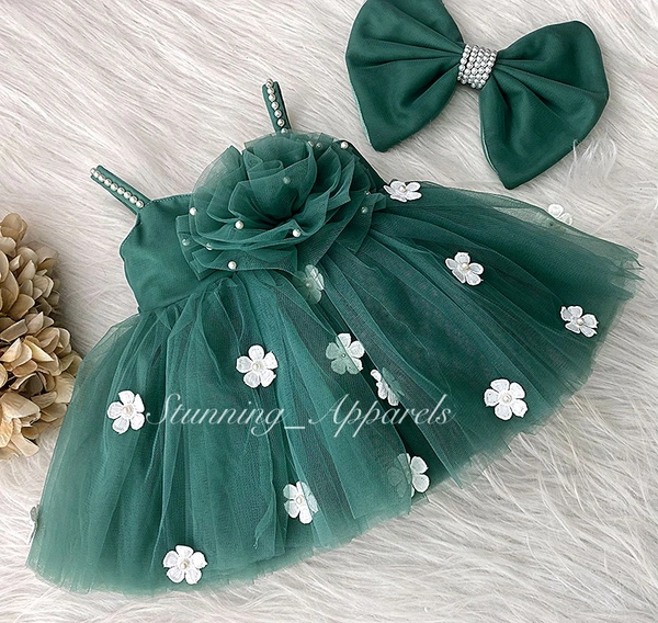 White Flower Strapped  Teal Green Partywear  Dress  - 4-5 Years