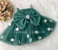 White Flower Strapped  Teal Green Partywear  Dress  - 4-5 Years