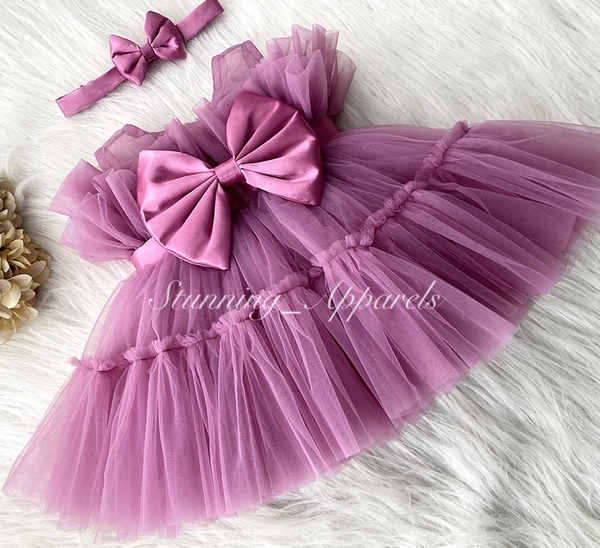 Belted Bow Dusty Pink  Rufffled Partywear Dress  - 0-3 Months