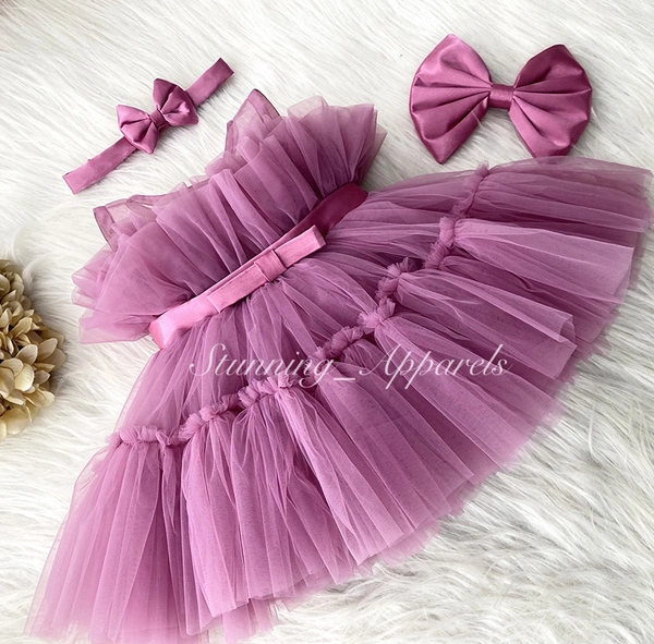 Belted Bow Dusty Pink  Rufffled Partywear Dress  - 4-5 Years