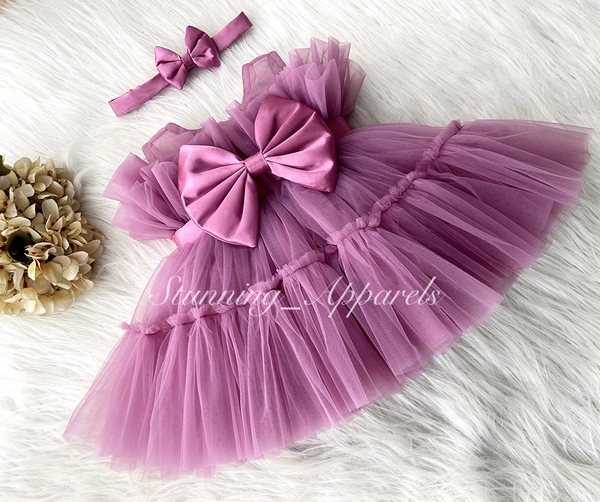 Belted Bow Dusty Pink  Rufffled Partywear Dress  - 4-5 Years