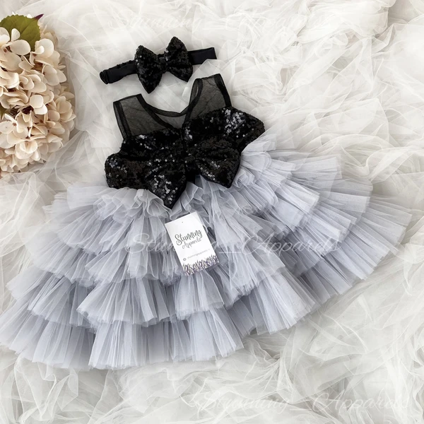 Black Sequins Bow Layered Partywear Gray Dress  - 0-3 Months