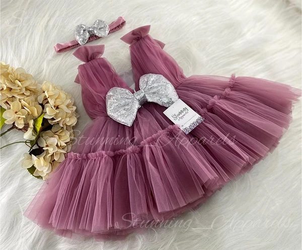 Shoulder Bow Ruffled Dusty Pink Partywear Frock  - 0-3 Months