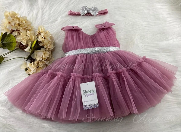 Shoulder Bow Ruffled Dusty Pink Partywear Frock  - 9-12 Month