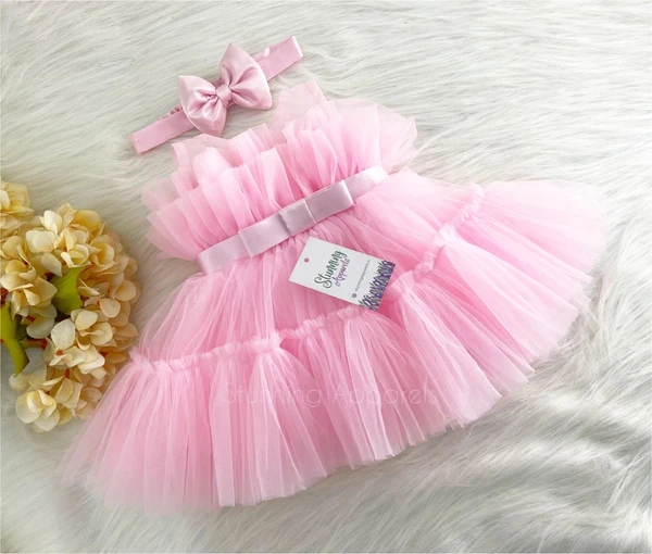 Ruffled Baby Pink Partywear Frock  - 3-6 Month