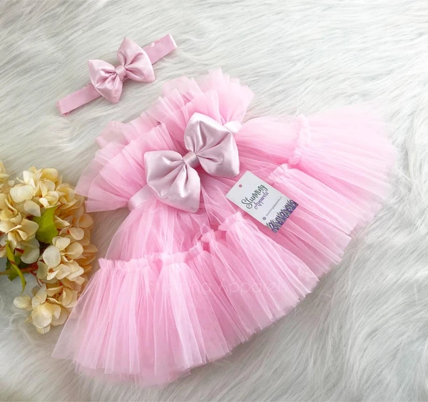 Ruffled Baby Pink Partywear Frock  - 0-3 Months