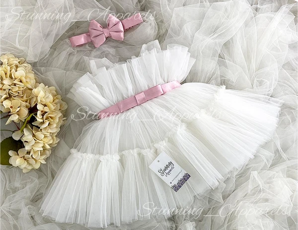 Ruffled Peach Satin  Bow Partywear White Frock  - 0-3 Months