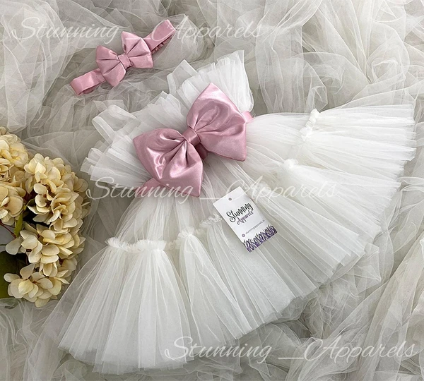 Ruffled Peach Satin  Bow Partywear White Frock  - 0-3 Months