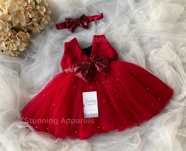 Maroon Sequins Bow Pearls Work Red Partywear Frock  - 0-3 Months