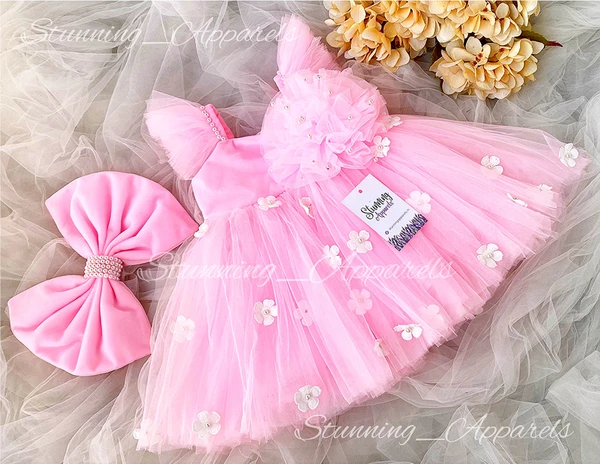 White Flower Work Ruffled Sleeves Partywear Baby Pink Frock  - 3-6month