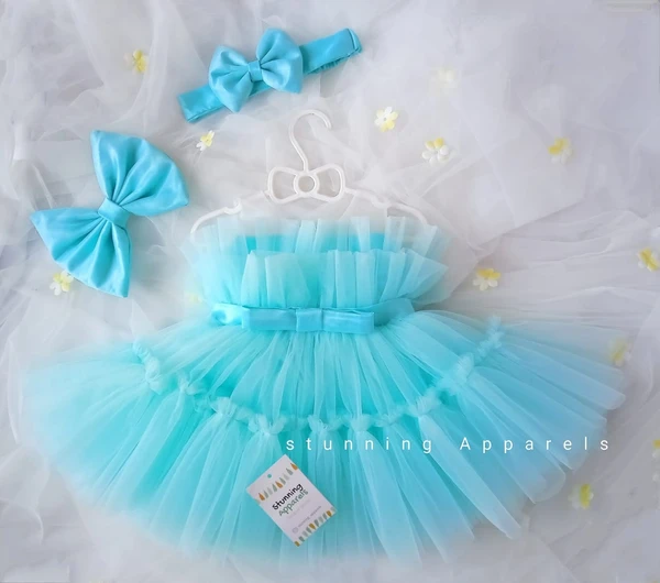 Satin Bow Ruffled Partywear Sky Blue Frock  - 0-3 Months