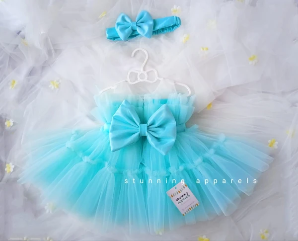 Satin Bow Ruffled Partywear Sky Blue Frock  - 0-3 Months