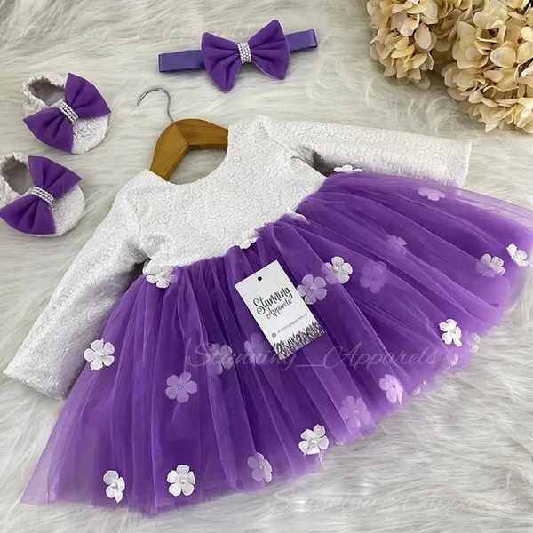 White Flower Work Long Sleeves Lavender Partywear Frock 