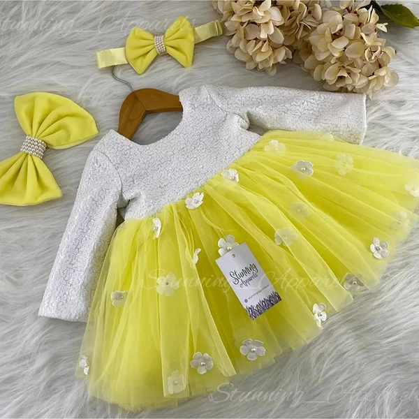 White Flower Work Partywear Lemon Yellow  - 1-2 Years