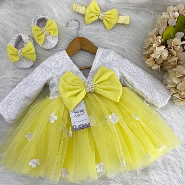 White Flower Work Partywear Lemon Yellow  - 2-3 Years