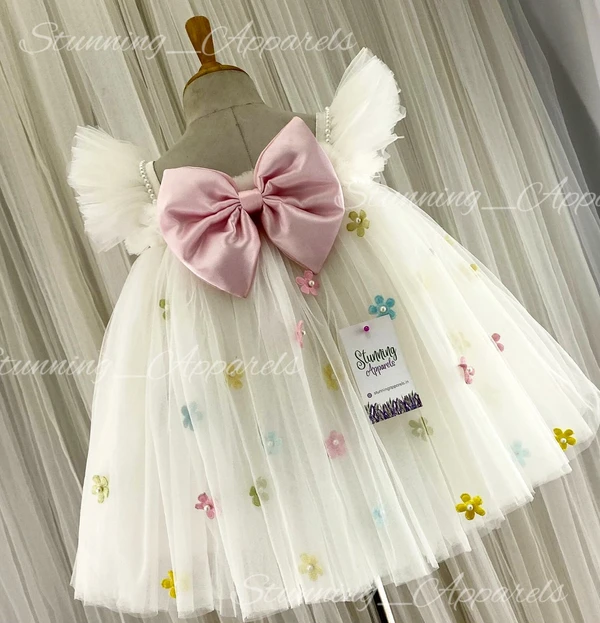 Multi Colors Flower Work Baby Pink Bow Umbrella  White Frock 