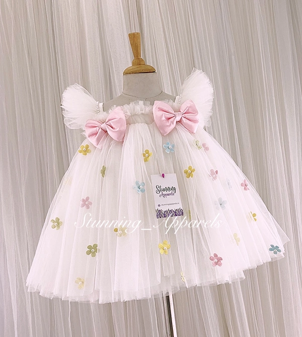 Multi Colors Flower Work Baby Pink Bow Umbrella  White Frock  - 0-3 Months