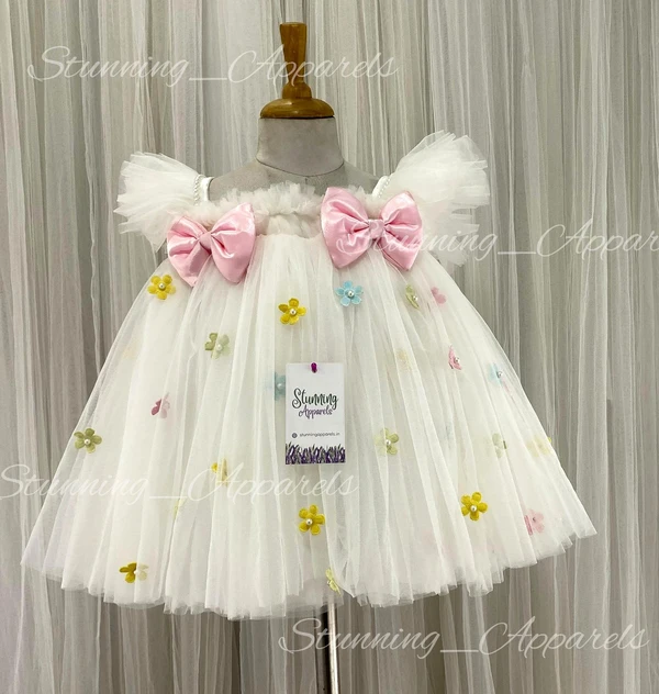 Multi Colors Flower Work Baby Pink Bow Umbrella  White Frock  - 0-3 Months