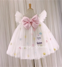 Multi Colors Flower Work Baby Pink Bow Umbrella  White Frock  - 0-3 Months