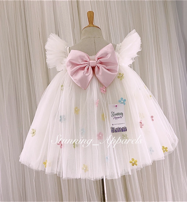 Multi Colors Flower Work Baby Pink Bow Umbrella  White Frock  - 0-3 Months