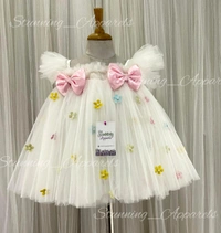 Multi Colors Flower Work Baby Pink Bow Umbrella  White Frock  - 9-12 Month