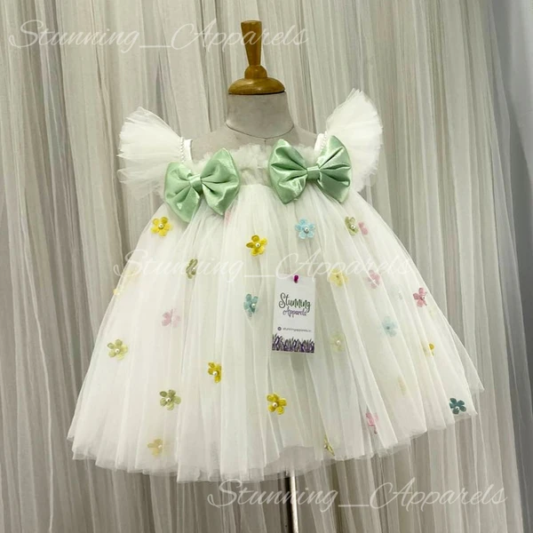 Multi Colors Flower Work Pista Satin Bow Umbrella White Frock  - 0-3 Months