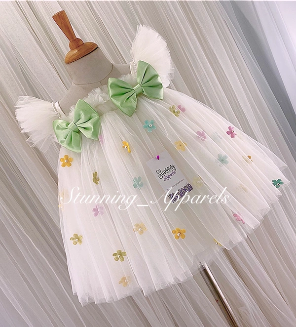 Multi Colors Flower Work Pista Satin Bow Umbrella White Frock  - 0-3 Months