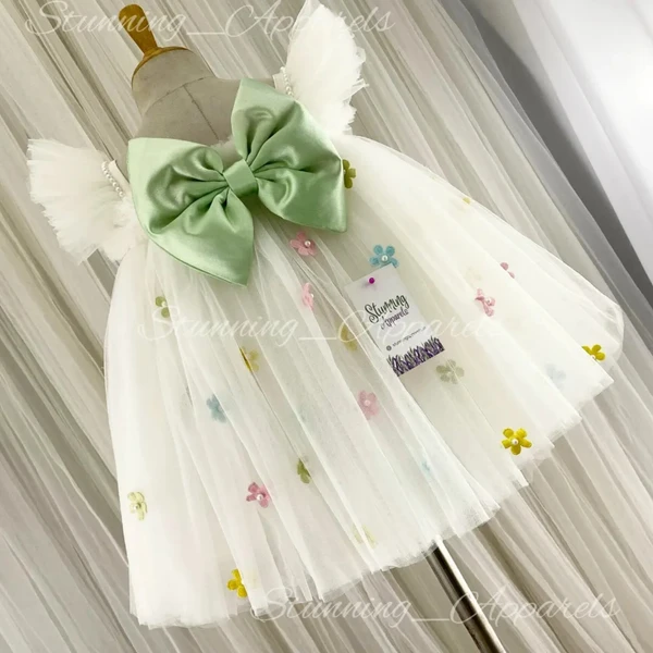 Multi Colors Flower Work Pista Satin Bow Umbrella White Frock  - 0-3 Months