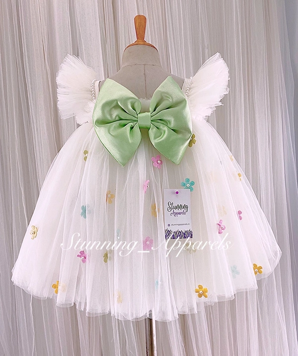 Multi Colors Flower Work Pista Satin Bow Umbrella White Frock  - 0-3 Months