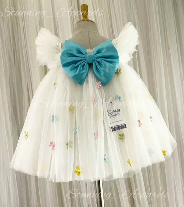 Multi Colors Flowers Work Blue Satin Bow Partywear White Frock 