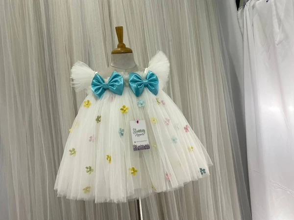 Multi Colors Flowers Work Blue Satin Bow Partywear White Frock  - 0-3 Months