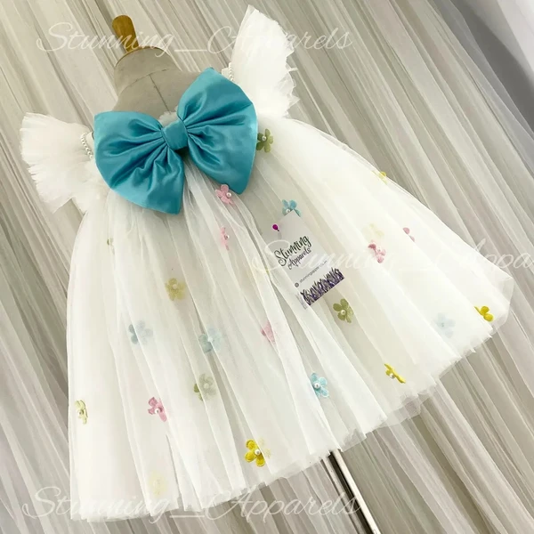 Multi Colors Flowers Work Blue Satin Bow Partywear White Frock  - 0-3 Months