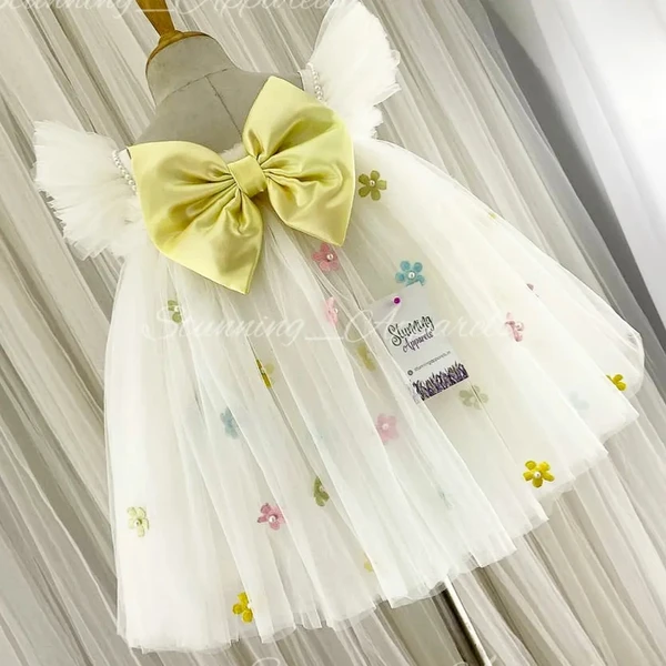 Multi Colours Flower Work Yellow Satin Bow Partywear White Frock  - 0-3 Months